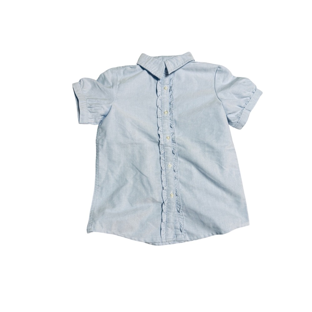 Lands' End SZ 6X Girl Short Sleeve Light Blue Shirt Cotton Blend Ruffle Uniform